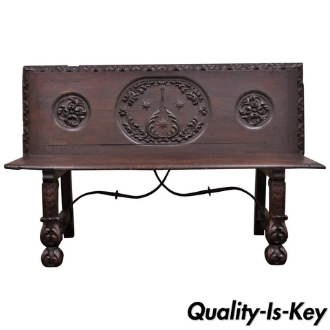17th Century English Renaissance Carved Oak and Wrought Iron Bench Banquette Cover