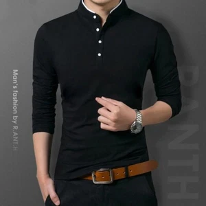 New Men Round Neck Long-sleeved T-shirt Pure Color Casual Business Work Fashion - Picture 1 of 16