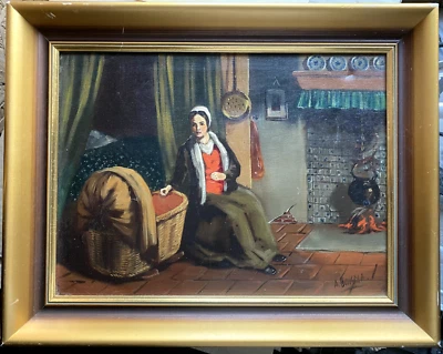 Pintura a óleo interior mãe com criança no berço bebê quadro assinado antigo - Imagem 1 de 4