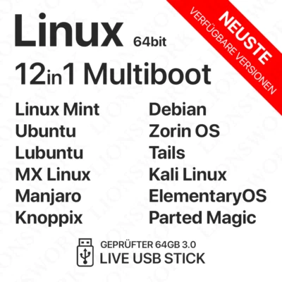 Linux 12in1 Multiboot -64bit- 64GB USB-Stick 3.0 Ubuntu Mint Tails Kali Lubuntu - Bild 1 von 3