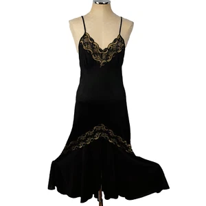 Nachthemd Damen M schwarz gold Spitze Maxi hoher niedriger Saum Vintage Dessous Union USA - Bild 1 von 13