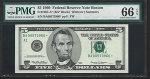 US 5 $ 1999 PMG 66 EPQ UNC Fr #1987-A* Star Note FRN Boston Withrow/Summers - Picture 1 of 4