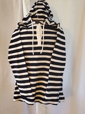 Jones NY Black And White Striped Lightweight Pullover Hoodie With Drawstring... - Image 1 of 4