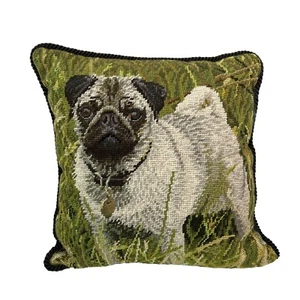 Vintage Handmade Needlepoint Pug Dog Throw Pillow Velvet Back Rope Border Cute! - Picture 1 of 7