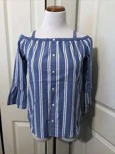 Girls Abercrombie Kids Blue & White Stripe 3/4 Sleeve Top Size 13/14 - Picture 1 of 14