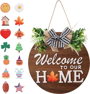 Rustic round Wood Wreath, Seasonal Sign for Home, Farmhouse Seasonal Wreath - Picture 1 of 3