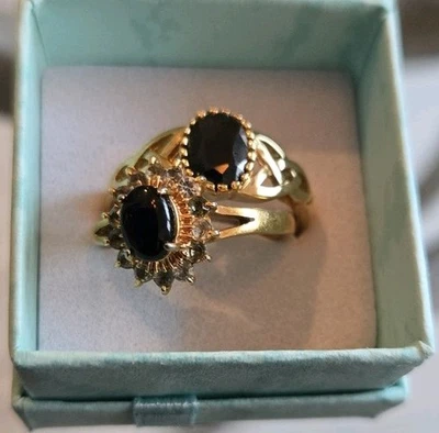 2 anillos de oro amarillo EP de ónix/circonitas circonitas, granate Foto 1 de 4