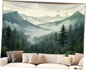 Misty Forest Tapestry Nature Tree Tapestries Wall 59.1L" x 78.7W" 5-Dark Green - Picture 1 of 8