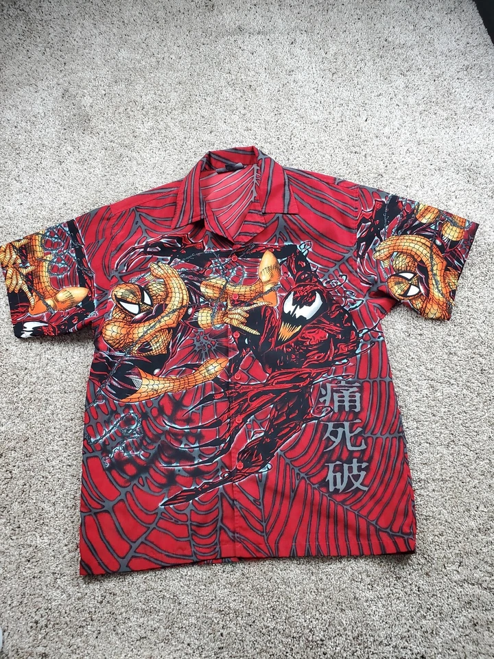 Vintage Marvel Spider Man Carnage Shirt Mens Medium Red JAWS Button Up Y2K - Image 1 of 4