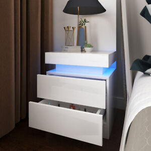 Bedside Tables Side Table Drawers RGB LED High Gloss Nightstand Storage Cabinet