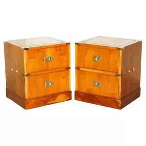 LOVELY PAIR OF BURR YEW WOOD GREEN LEATHER MILITARY CAMPAIGN NIGHTSTAND DRAWERS - Picture 1 of 24