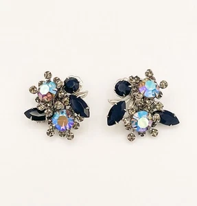 Pendientes de Clip Aurora Boreal y Estrás Azul Marino Tono Plata Racimo MCM De Colección - Imagen 1 de 6