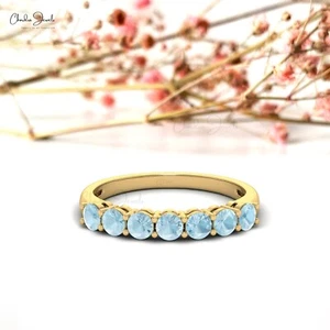 3/4CT Aquamarine Gemstone Prong Set Half Eternity 14k Solid Gold Ring For Mother - Picture 1 of 23