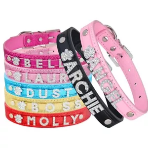 Personalized Dog Collar Cat Leather Small Puppy Kitten Pet Name Bling Rhinestone - Picture 1 of 20