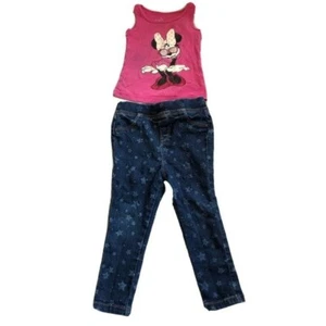 Disney Girls 2 Pieces Top Tank Pink Leggings Jeans Blue Elastic Waist 18-24M - Picture 1 of 8