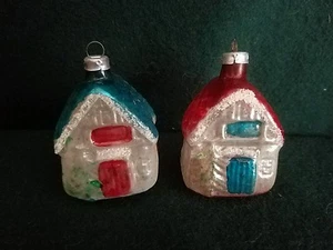 Juego 2 adornos navideños figurativos de casas de campo de vidrio Lauscha vintage con Alemania - Imagen 1 de 4