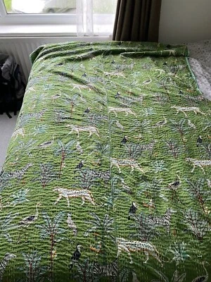 Indian Hand Block Print Kantha Quilt, Green Cotton King Size Bedspread Throw - Image 1 of 4