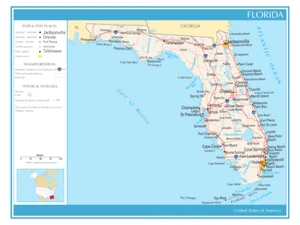 Map State of Florida United States of America Political Physical Print - Picture 1 of 3
