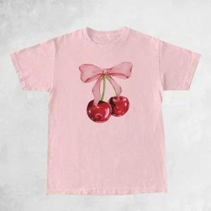 Cherry Bow Printed Women'S Vintage T-Shirt Trendy Cute Coquette Tee Shirt Short - Picture 1 of 13