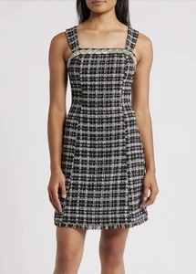 TAHARI Size 10 Black White Boucle Fringe Tweed Silver Beaded Rhinestone Dress - Picture 1 of 24