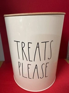 Rae Dunn TREATS PLEASE Dog Cat Pet Cookies White Metal Canister Wooden Lid NEW - Picture 1 of 3