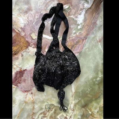 VINTAGE 1920s ART DECO BEADED LADIES FLAPPER PURSE BAG BLACK GLASS BEADS FORMAL - Image 1 of 4