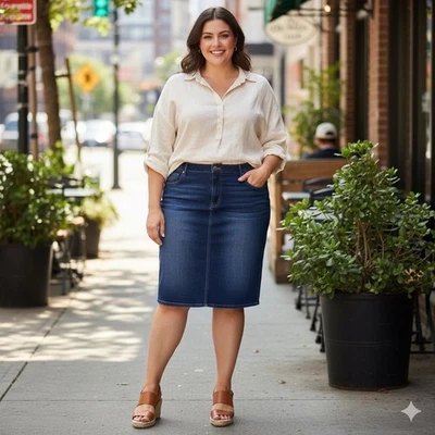 Falda vaquera elástica lavada oscura 26W talla grande AVA & VIV para mujer nueva sin etiquetas rodilla Foto 1 de 4