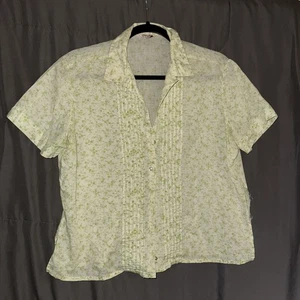 Vintage 50s Blouse Womens Size 40 Green Floral Print Short Sleeve SPLIT SIDE - Picture 1 of 9