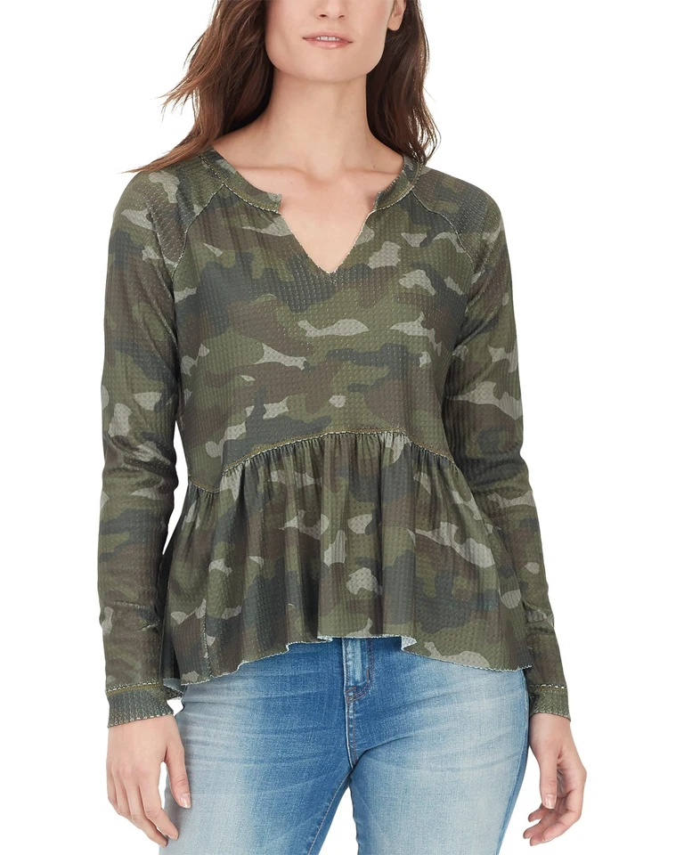 William Rast Womens Gryphon Green Thermal Peplum Top Shirt S BHFO 6527