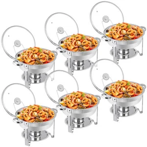 6 Pack Chafing Dish Buffet Set Round w/ Glass Lid & Lid Holder for Wedding Party - Picture 1 of 24
