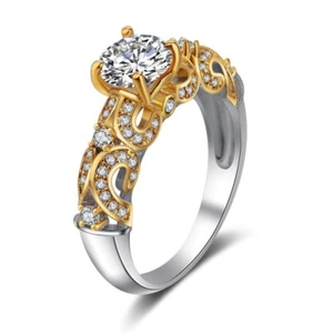 Eternity Gold & Silver Round Cut CZ Band 925 Silver Women's Wedding Ring Sz 5-10 - Picture 1 of 7
