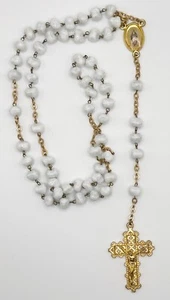 Vintage White Art Glass Bead Rosary Filigree Goldtone Cross - Picture 1 of 11