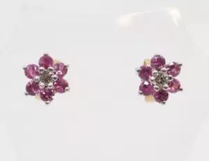 18ct Gold Diamond and Pink Sapphire Earrings - Picture 1 of 8