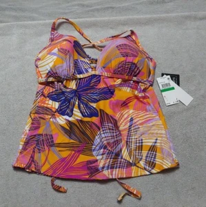 Hula Honey TURMERIC MULTI Juniors' Palm Play Printed Tankini Swim Top, US Large - Picture 1 of 7