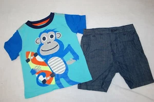 Toddler Boys MONKEY SKATEBOARD S/S T-SHIRT Aqua Blue SHORTS Blue Denim Look 2T - Picture 1 of 2