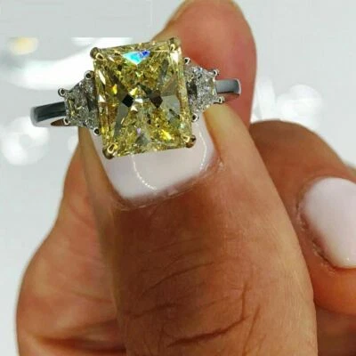 5.3ct Radiant Cut Yellow Diamond Trilogy Engagement Ring White Gold Finish - image 1 of 4
