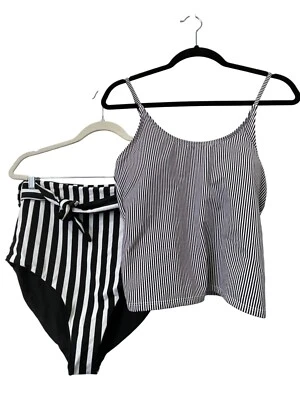 Traje de baño de dos piezas a rayas Coral Reef para mujer 12/14 negro blanco verano playa NUEVO Foto 1 de 4