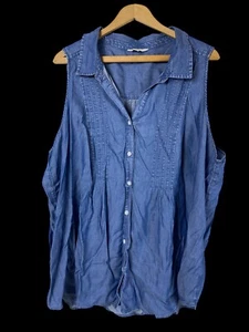 Terra & Sky Chambray Denim Top Pintuck Button Up Tank Coastal Preppy Lyocell 2X - Picture 1 of 11