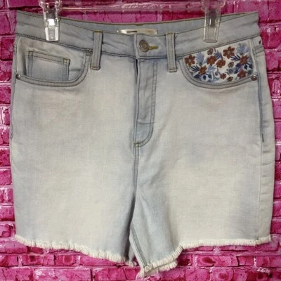 Pantalones Cortos Floral Bordado Claro Denim Dobladillo Crudo Tiro Alto Talla 12 Foto 1 de 4