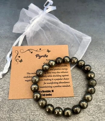 Pulseira PYRITE ajuste elástico feita à mão com bolsa de presente e cartão pedra preciosa cristal 8mm - Imagem 1 de 2