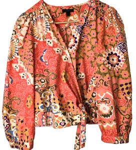 J. Crew Wrap Top Women's Medium 100% Cotton Vibrant Rose Floral Puff LS Festival - Picture 1 of 11