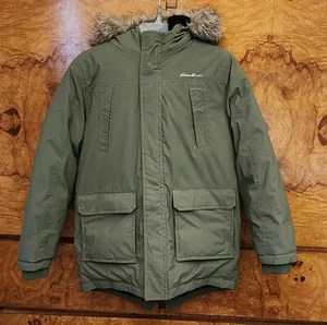 EDDIE BAUER KIDS GREEN DOWN FILL PARKA W/FIR TRIM HAT & FAUX FUR LINED ~ 10/12 - Picture 1 of 6