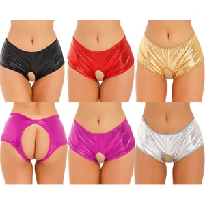 Women Faux Leather Booty Shorts Open Butt Panties Hipster Knickers Bikini Briefs - Picture 1 of 30