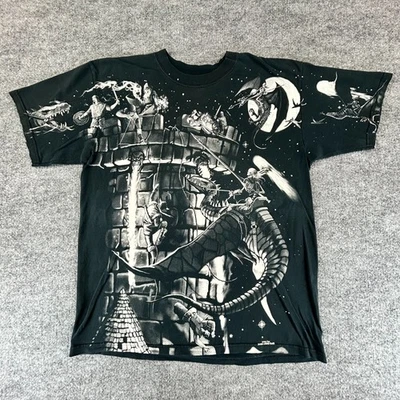 VINTAGE Liquid Blue Shirt Mens M Black Dragon Castle Fantasy Streetwear Y2K AOP - Image 1 of 4