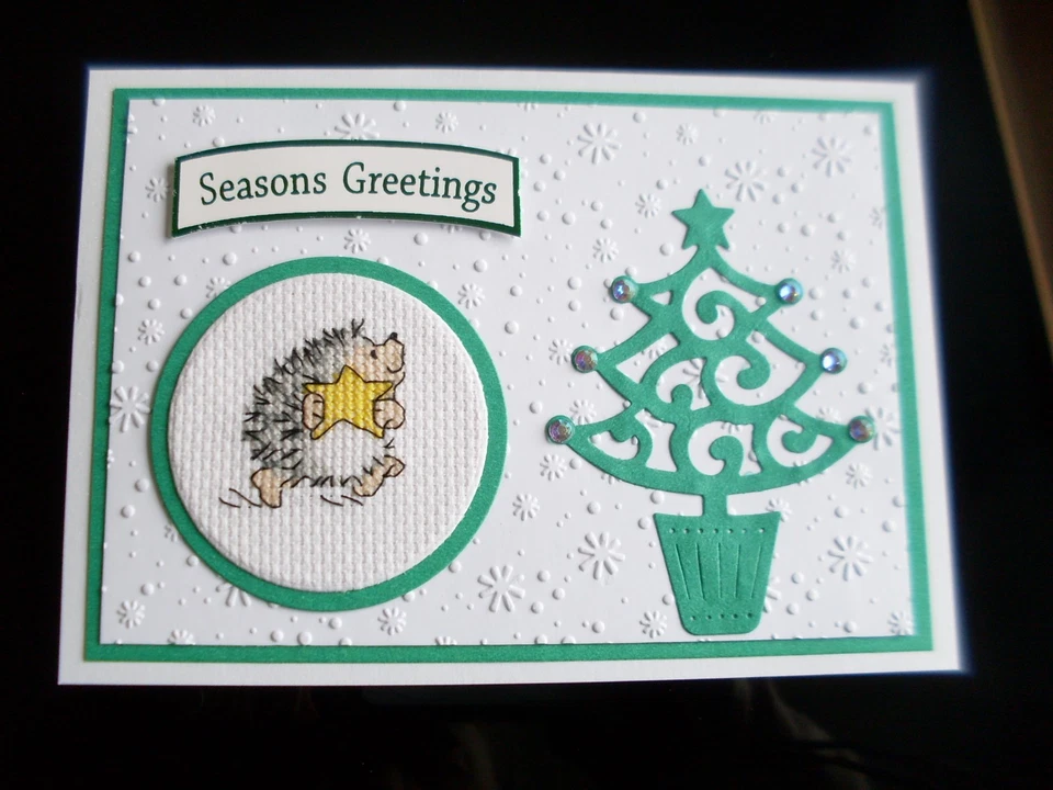 HAND MADE COMPLETED  CROSS STITCH CARDS  CHRISTMAS HEDGEHOG - Image 1 of 1