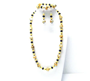 Round Yellow/Black/White Splatter Glass w/Black Donut Bead Necklace/Bracelet/Ear - Picture 1 of 10