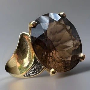 STUNNING Fancy Cut Smoky Quartz & Diamond Gemstone 9ct Gold 375 Ring Size P 1/2 - Picture 1 of 13