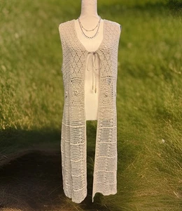 Gilet spolverino vintage all'uncinetto donna XL cravatta con perline anni 90 boho cottagecore stravagante - Foto 1 di 5