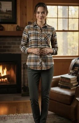 Columbia Mujer Franela Calico Cuenca Camisa Manga Larga Marrón Cuadros Pequeña Nueva con Etiquetas Foto 1 de 4