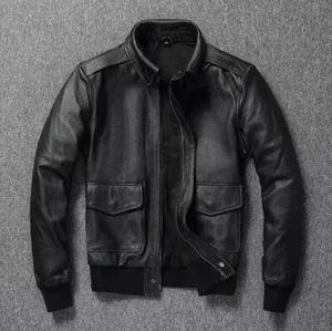 Men's Real Leather Bomber Jacket Slim Fit Casual Bomber Jacket - Picture 1 of 4
